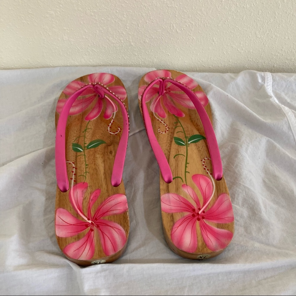Wooden sandals with painted flowers Hibiscus Tropical Hawaii Polynesian Size XL - Picture 2 of 14